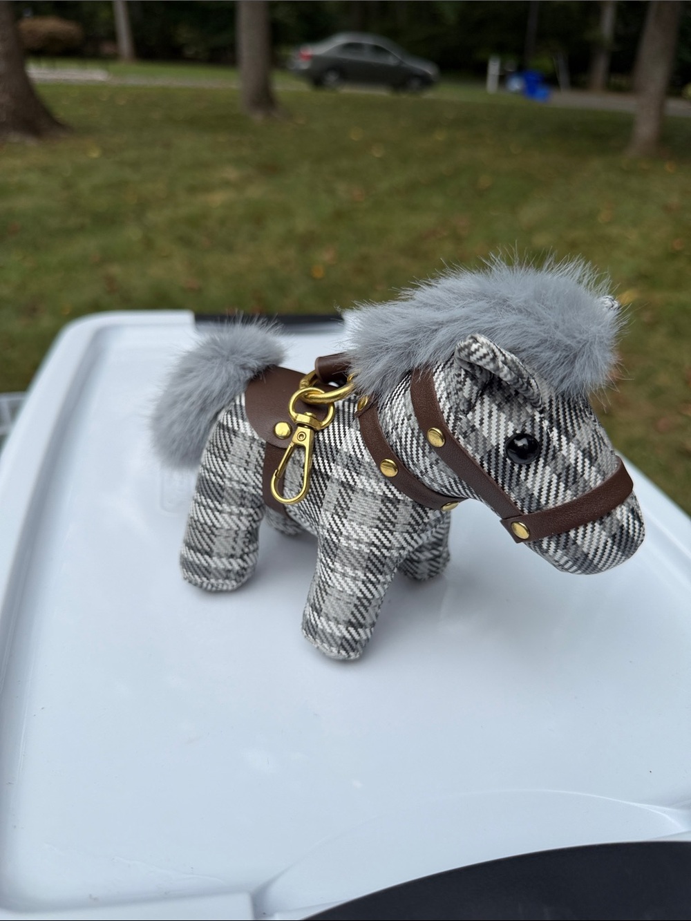 Gray Plaid Plush Pony luxury purse charm with Faux Leather Harness new